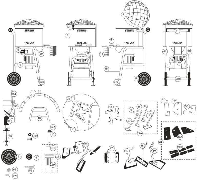 SoRoTo 100L Forced Action Mixer Spare Parts Diagram