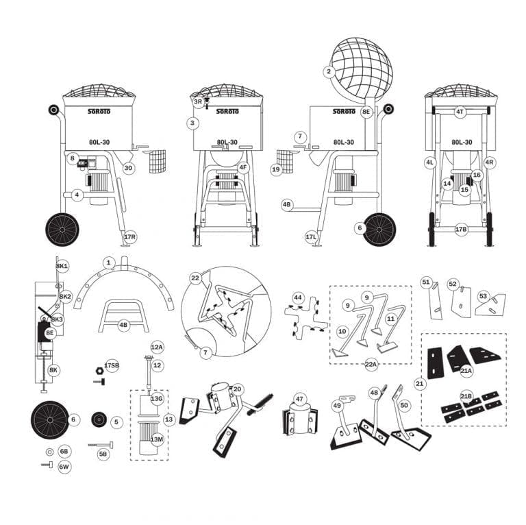 SoRoTo 80L Forced Action Mixer Spare Parts Diagram